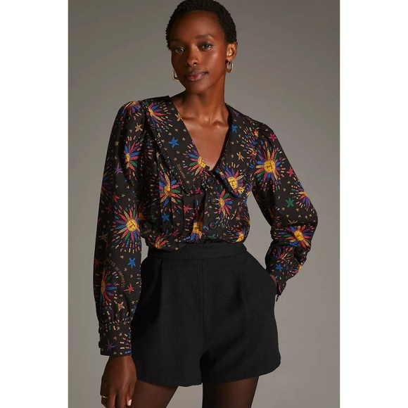 FARM RIO Black Rainbow Suns Blouse button down size medium cotton - Picture 2 of 10